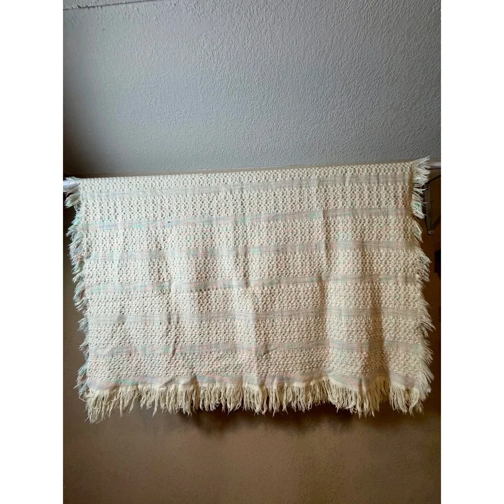 Vintage Beacon Cotton Thermal Blanket Pastel Multi Color Fringe Waffle Weave USA